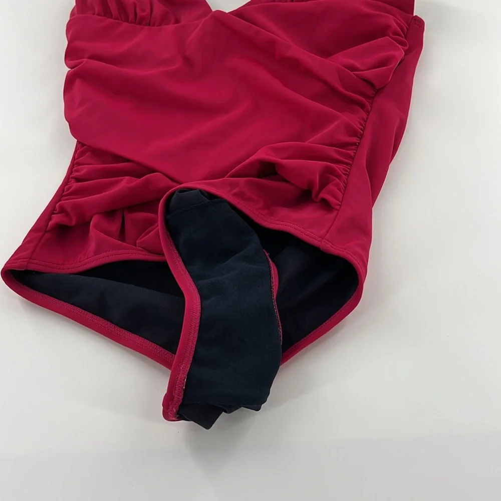 Boden Fuchsia Halter‎ Swimsuit ruching, body-sculpting lightly padded onepiece